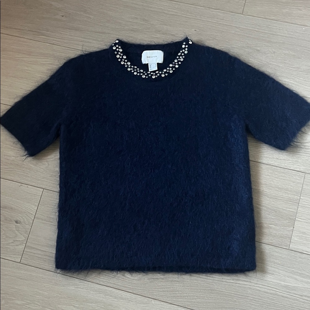H&M Dark Blue Fuzzy Top with Rhinestone Collar
